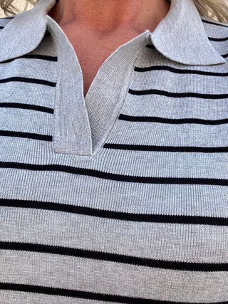 Grey/Black Striped Collared Sweater Sleeveless Top