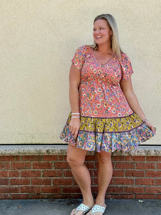 Short Sleeve Floral Smocked Bodice Dress