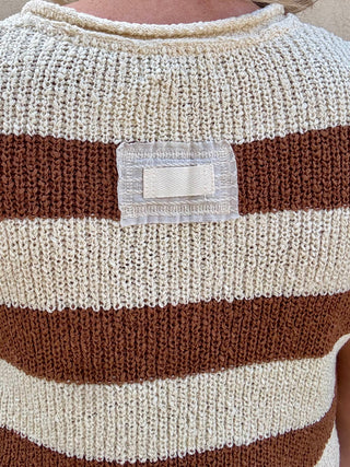 Camel Split Neck Sleeveless Stripe Sweater