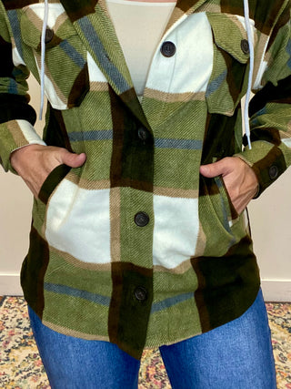 Olive Plaid Hooded Fleece Shacket