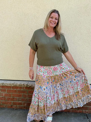 Multi Floral Tiered Smocked Waist Maxi Skirt