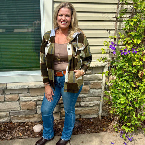 Plaid Drawstring Hooded Shacket