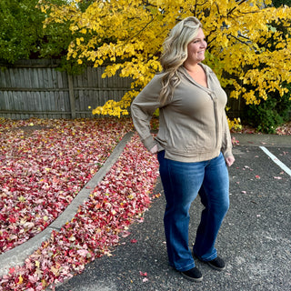 Light Olive Hooded V-Neck Long Sleeve