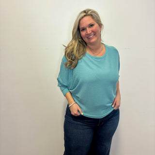 Dusty Teal Ribbed 3/4 Sleeve Dolman Top