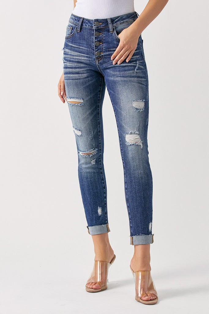 Risen Mid Rise Button Fly Distressed Skinny Jean