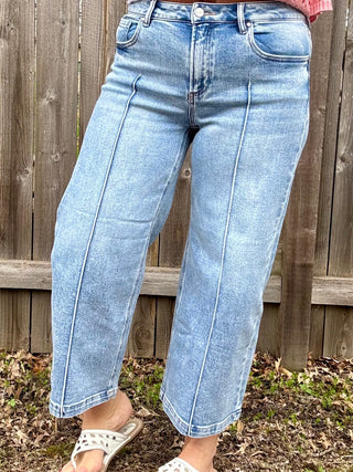Risen Mid Rise Crop Wide Leg Pintuck Detail Jeans