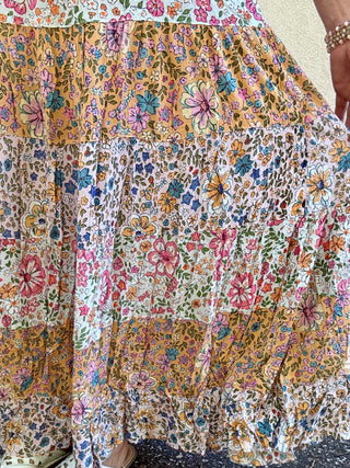 Multi Floral Tiered Smocked Waist Maxi Skirt