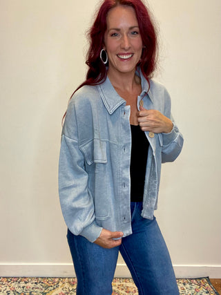 Gray Acid Washed Fleece Shacket with Front Pockets