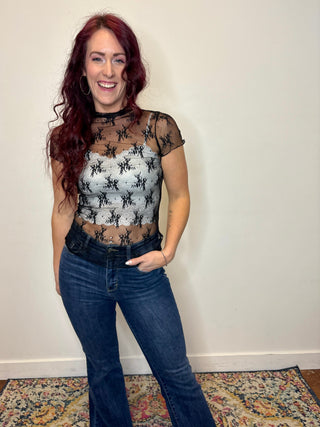 Black Short Sleeve Sheer Lace Top