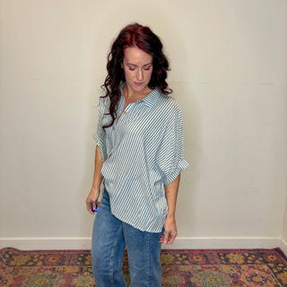 Oversized Teal Striped Button Down Short Sleeve