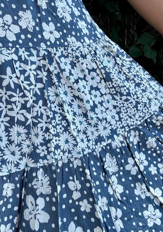 Short Sleeve Blue/White Floral Smocked Bodice Dress