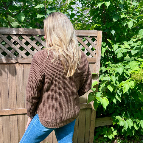 Brown Long Sleeve Round Neck Waffle Knit Sweater