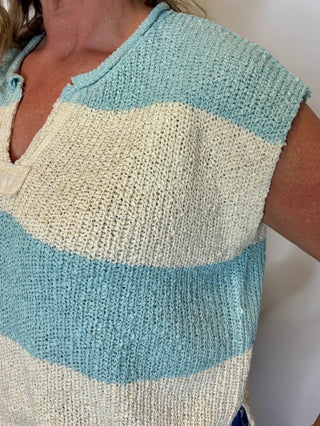 Split Neck Sleeveless Stripe Sweater
