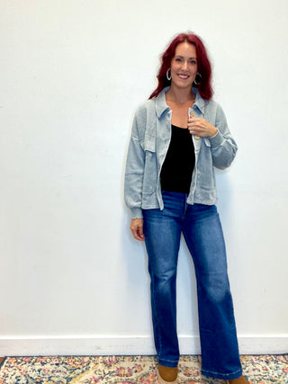 Gray Acid Washed Fleece Shacket with Front Pockets
