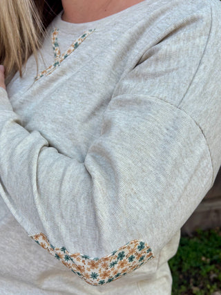 Oatmeal Micro Brushed Crewneck Sweatshirt with Floral Detailed Elbow Patches and Cross Neck