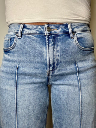 Risen Mid Rise Crop Wide Leg Pintuck Detail Jeans