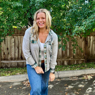 Grey Hooded Shacket with Plaid Details