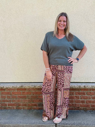 Printed Wide Leg Pant with Floral Color Block Print