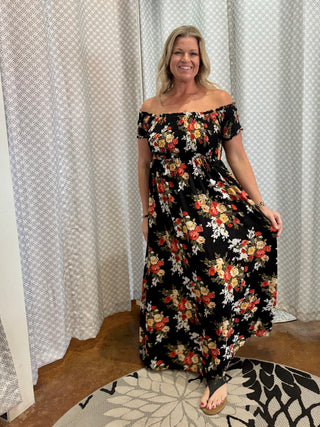 Floral Smocked Off the Shoulder Maxi Dress