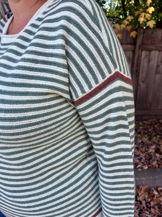 Dark Sage Striped Crew Neck Pullover