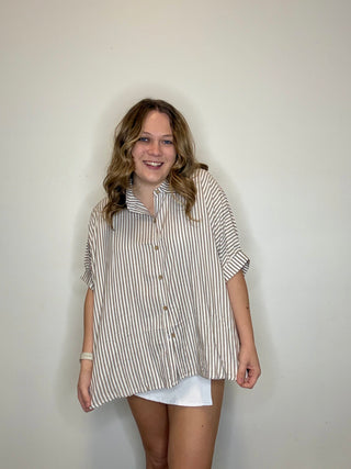 Oversized Brown Striped Button Down Short Sleeve