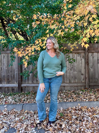 Dark Sage Textured V-Neck Pullover Sweater
