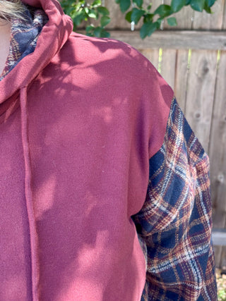 Maroon Soft Knit Hoodie with Mixed Plaid Details