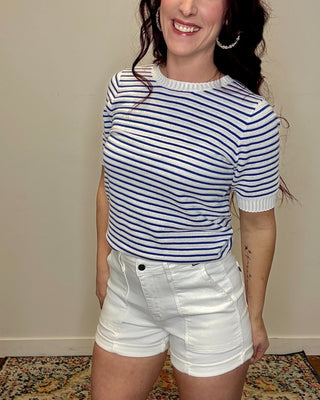 Navy Pointelle Striped Short Sleeve Sweater