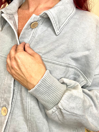 Gray Acid Washed Fleece Shacket with Front Pockets
