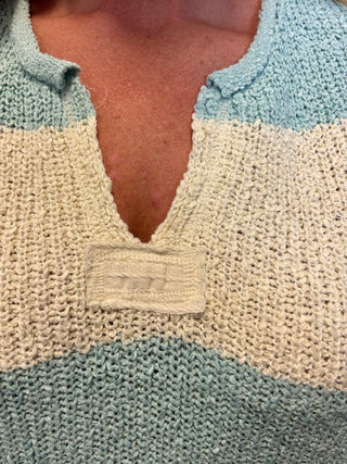 Split Neck Sleeveless Stripe Sweater