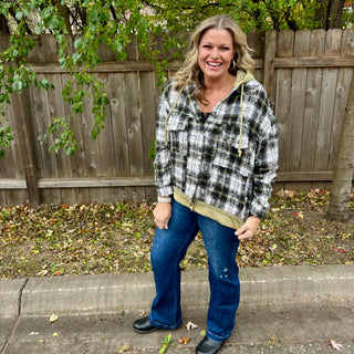 Olive and Black Plaid Hooded Button Up