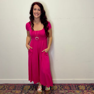 Hot Pink Double Layered Short Sleeve Jumpsuit