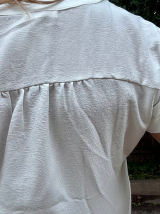 White Cuffed Short Sleeve Air Flow Split Neck Button Down Top