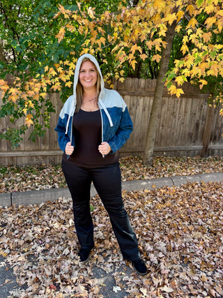Risen Dark Denim Bomber Jacket with Gray Contrast Hoodie Top