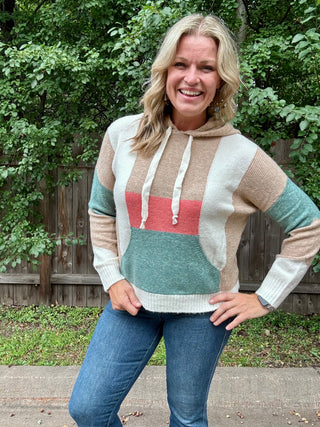 Tan, Teal, Cream, Coral Color Block Sweater Hoodie