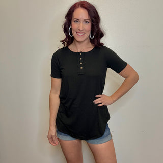 Black Short Sleeve Quarter Button Top