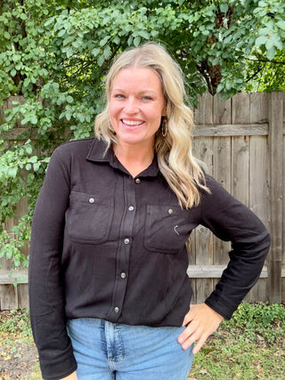 Black Stretch Solid Button Up
