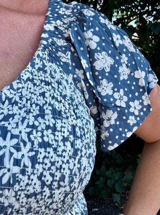 Short Sleeve Blue/White Floral Smocked Bodice Dress