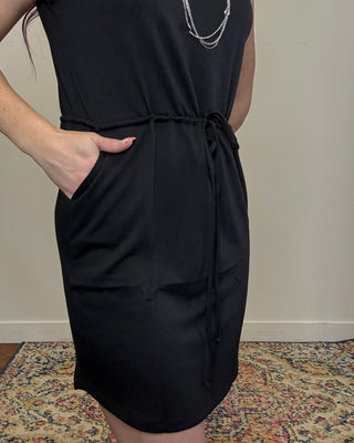 Black Drawstring Waist Terry Dress