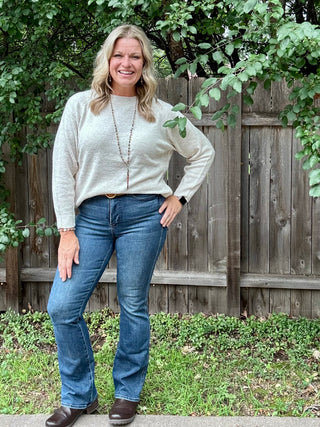 Oatmeal Oversized Crewneck Sweater with Ribbed Contrast Details
