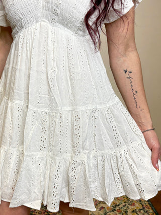 White V-Neck Embroidered Short Sleeve Dress