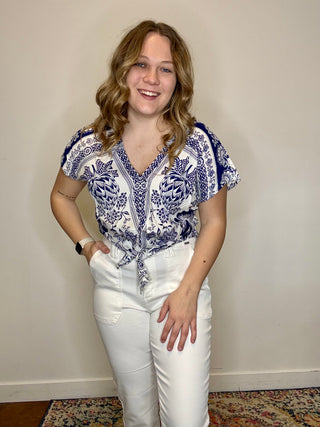 Short Sleeve Tie Waist Blouse