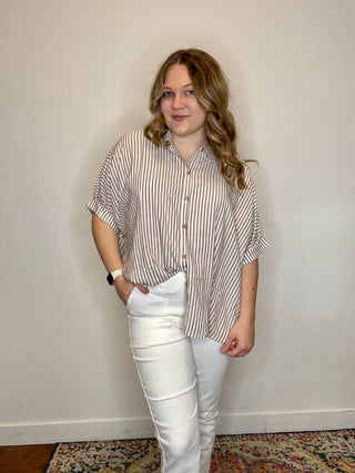 Oversized Brown Striped Button Down Short Sleeve