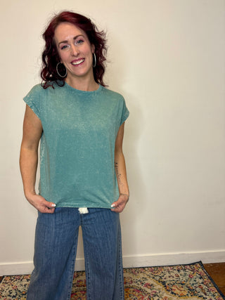 Blue Crinke Washed Folded Sleeve Tee