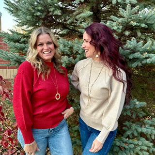 Beige Mock Neck Exposed Seam Sweater