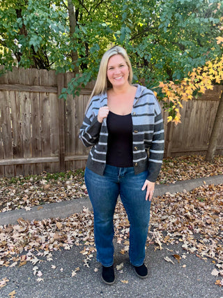 Charcoal Striped Button Down Hooded Cardigan