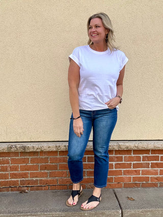 White Round Neck Folded Sleeve Tee