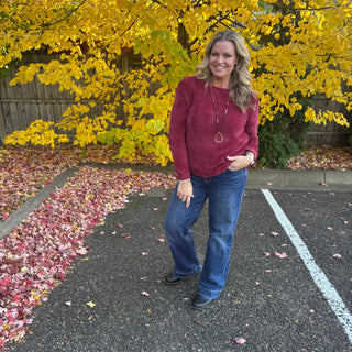 Dark Burgundy Round Neck Waffle Knit Sweater