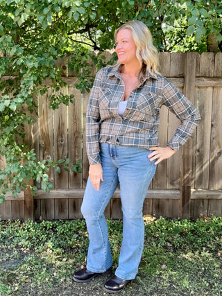 Soft Gray, Tan, White Stretch Plaid Button Up