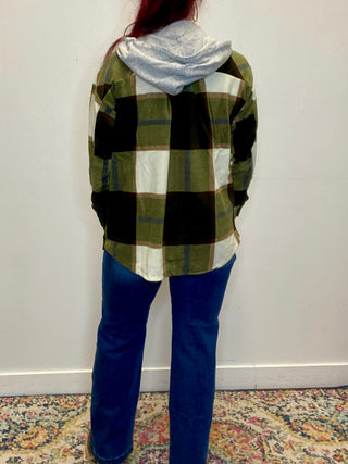 Olive Plaid Hooded Fleece Shacket